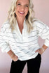Half Zip V Neck Drop Shoulder Stripe Long Sleeve Top